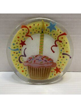 Peggy Karr Fused Glass 5.5" Happy Birthday Celebration Cupcake Plate Signed EUC
